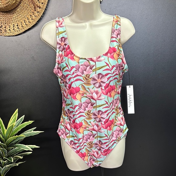 Nicole Miller Leaf Cascade print scoop neck/back,padded 1 piece swimsuit,summer - Picture 1 of 11